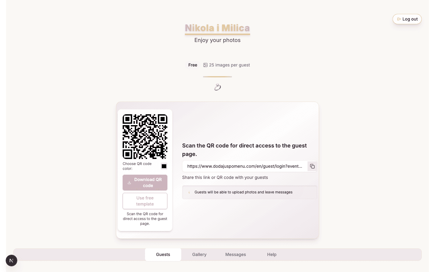 Couple dashboard showing photo gallery